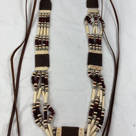 Vintage Southwestern Tie Belt Hairpipe Bone Beaded Leather - Picture 2 of 6